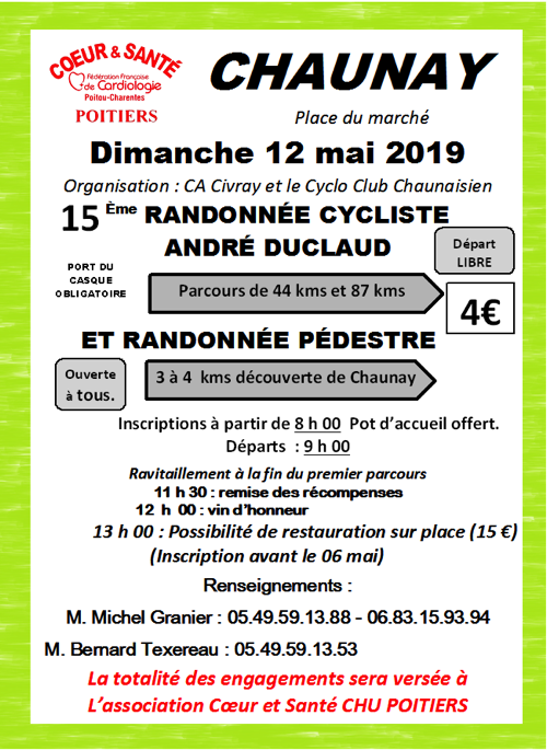 Lire la suite à propos de l’article DIMANCHE 12 MAI RANDONNEE CYCLISTE ANDRE DUCLAUD